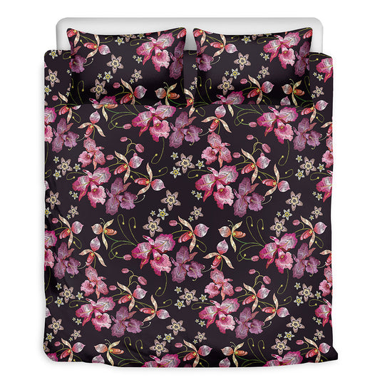 Embroidery Orchid Flower Pattern Print Duvet Cover Bedding Set