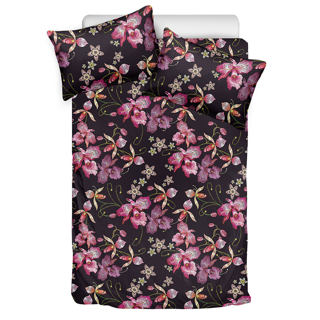 Embroidery Orchid Flower Pattern Print Duvet Cover Bedding Set