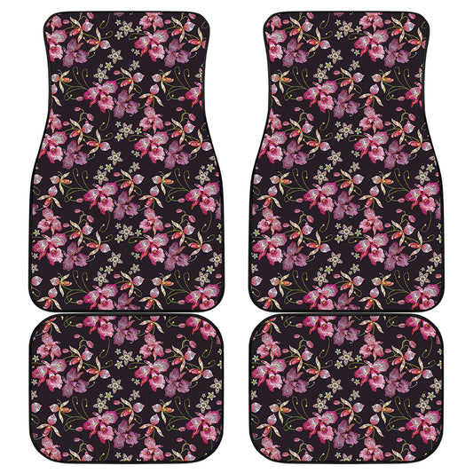 Embroidery Orchid Flower Pattern Print Front and Back Car Floor Mats