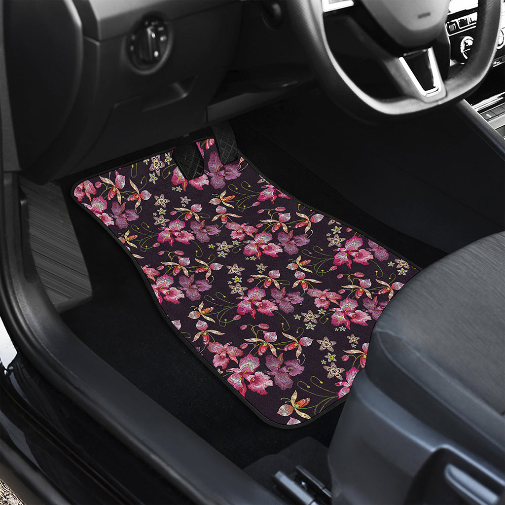Embroidery Orchid Flower Pattern Print Front and Back Car Floor Mats