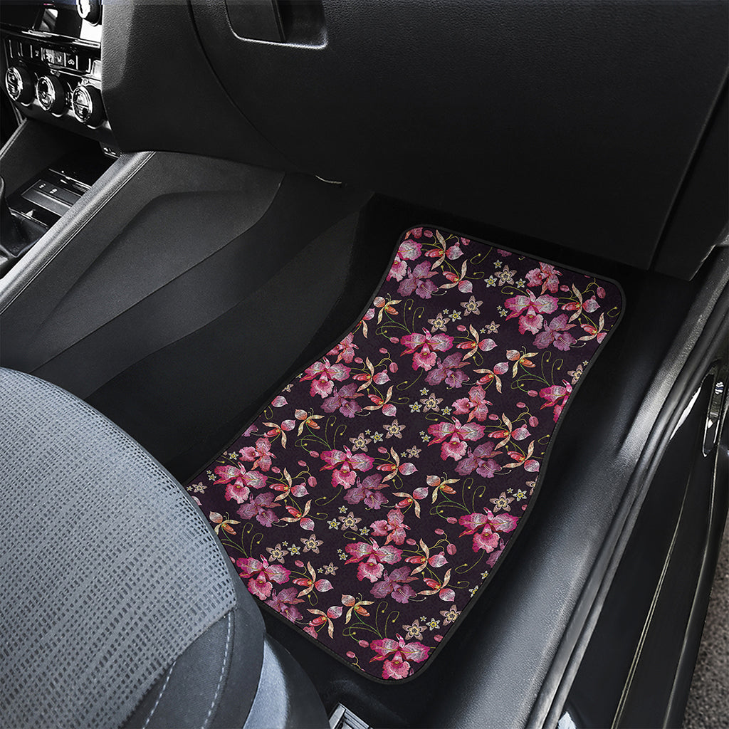 Embroidery Orchid Flower Pattern Print Front and Back Car Floor Mats