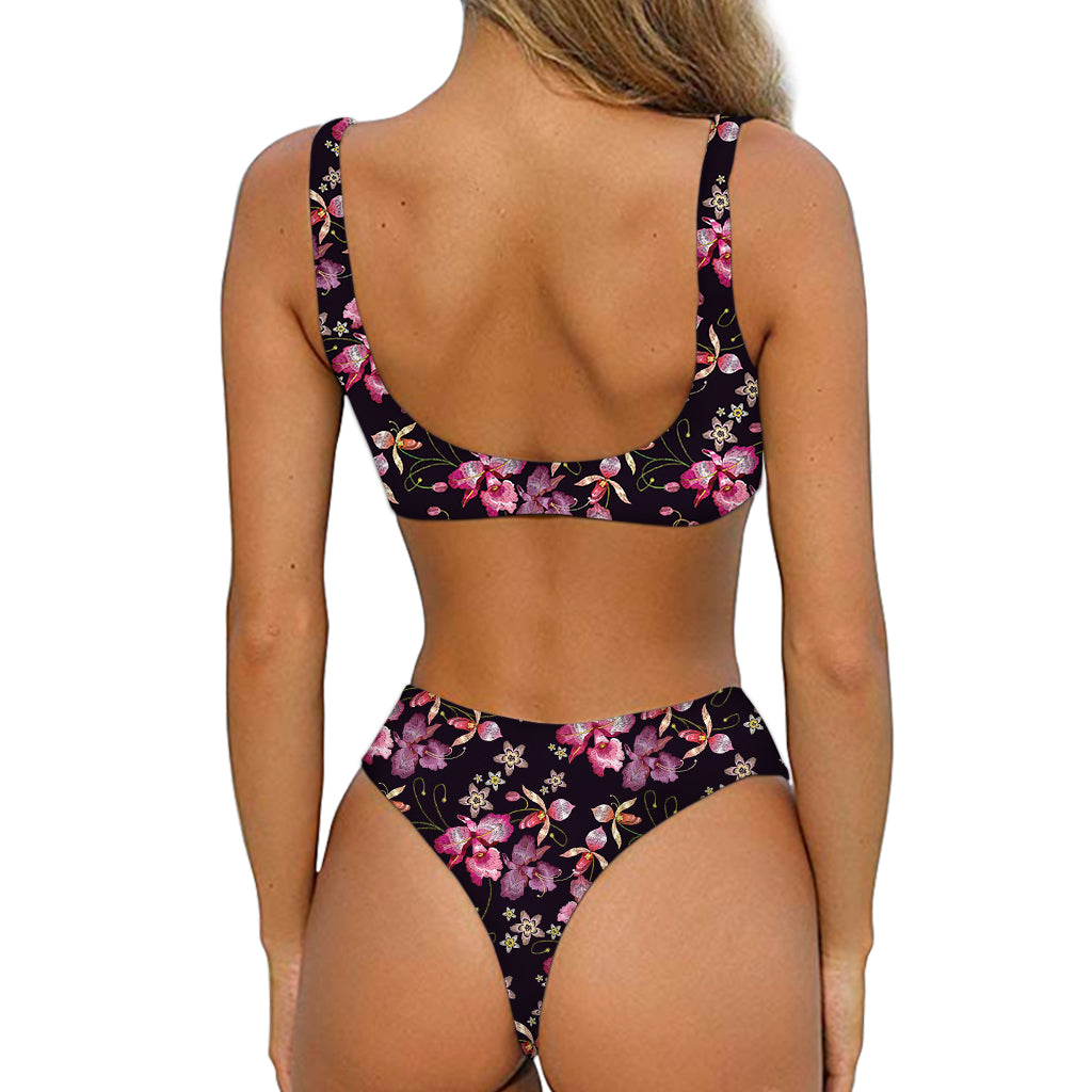 Embroidery Orchid Flower Pattern Print Front Bow Tie Bikini