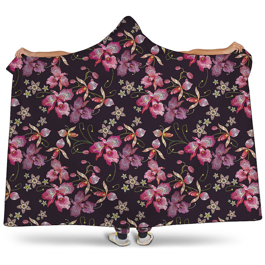 Embroidery Orchid Flower Pattern Print Hooded Blanket