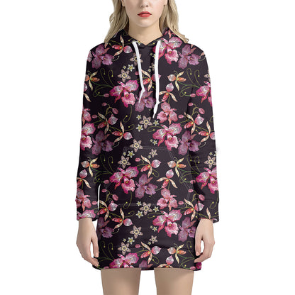 Embroidery Orchid Flower Pattern Print Hoodie Dress