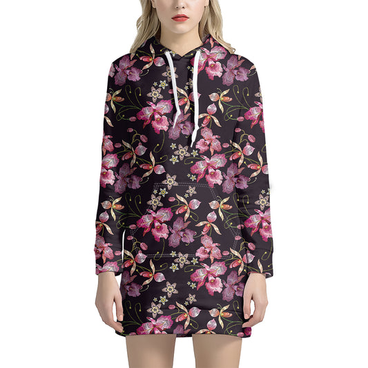 Embroidery Orchid Flower Pattern Print Hoodie Dress