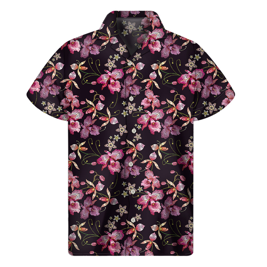 Embroidery Orchid Flower Pattern Print Men's Short Sleeve Shirt