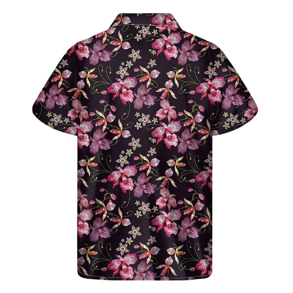 Embroidery Orchid Flower Pattern Print Men's Short Sleeve Shirt