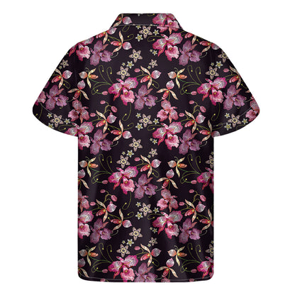 Embroidery Orchid Flower Pattern Print Men's Short Sleeve Shirt