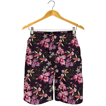 Embroidery Orchid Flower Pattern Print Men's Shorts