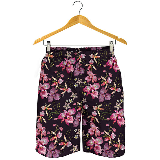Embroidery Orchid Flower Pattern Print Men's Shorts