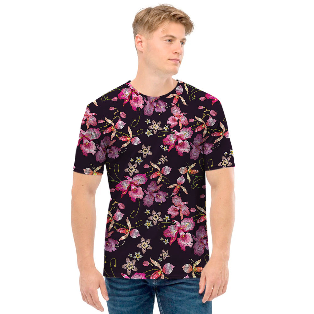 Embroidery Orchid Flower Pattern Print Men's T-Shirt