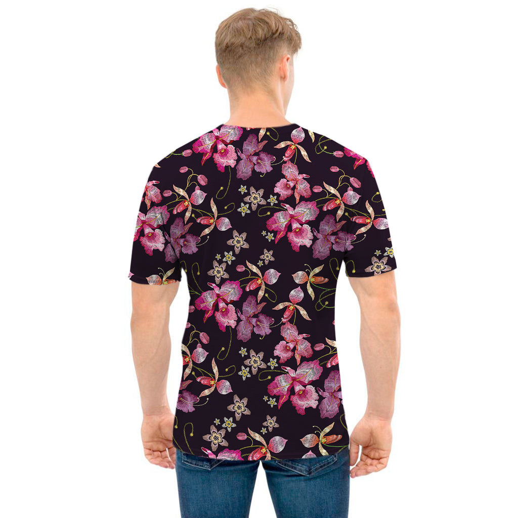 Embroidery Orchid Flower Pattern Print Men's T-Shirt