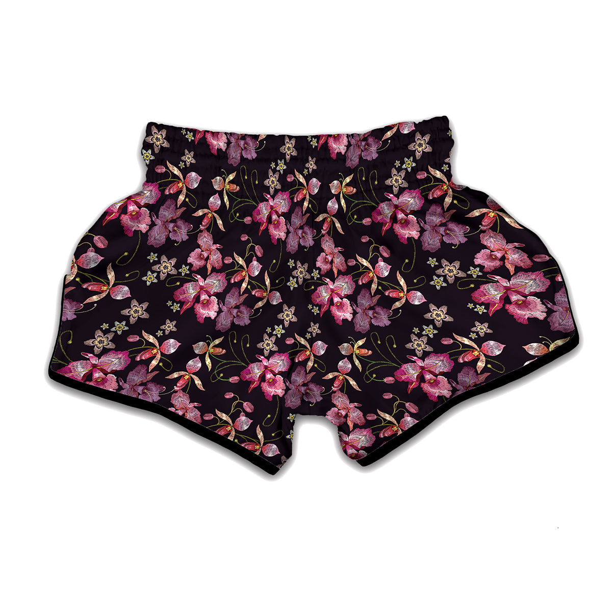 Embroidery Orchid Flower Pattern Print Muay Thai Boxing Shorts