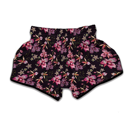 Embroidery Orchid Flower Pattern Print Muay Thai Boxing Shorts
