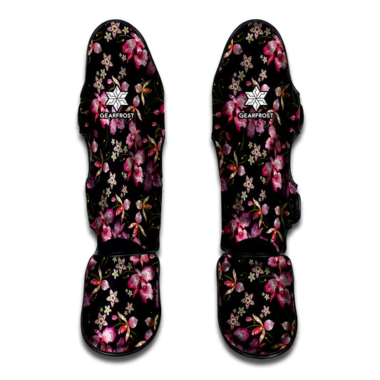 Embroidery Orchid Flower Pattern Print Muay Thai Shin Guard