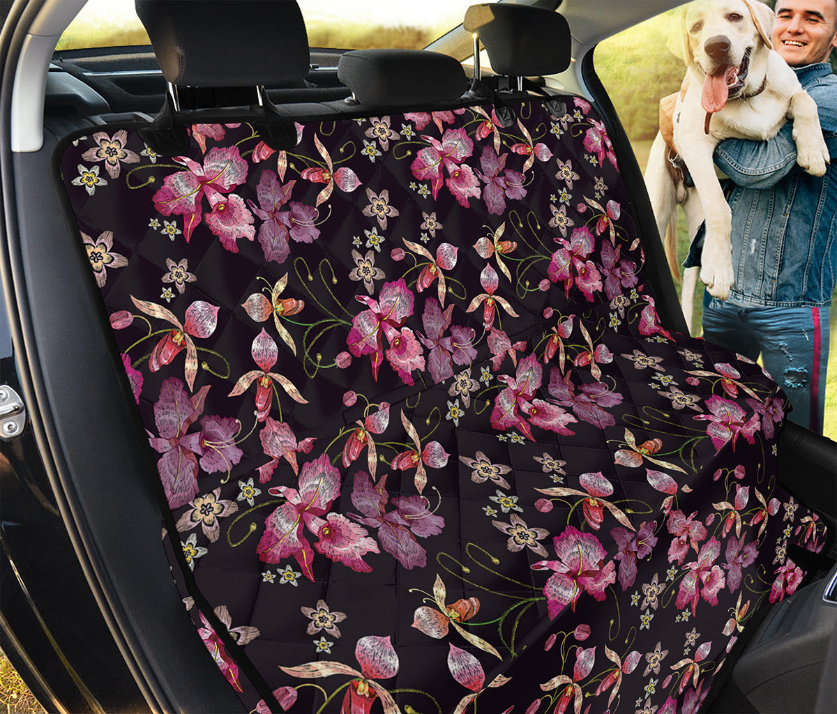 Embroidery Orchid Flower Pattern Print Pet Car Back Seat Cover