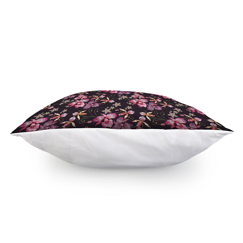Embroidery Orchid Flower Pattern Print Pillow Cover