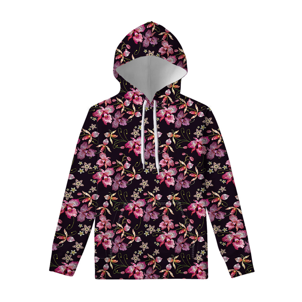 Embroidery Orchid Flower Pattern Print Pullover Hoodie