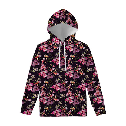 Embroidery Orchid Flower Pattern Print Pullover Hoodie