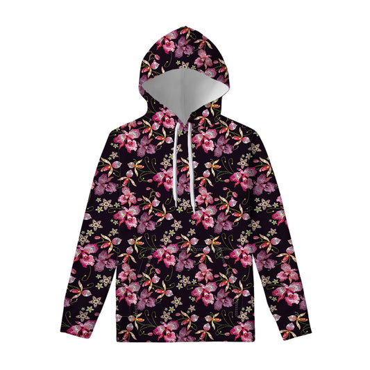 Embroidery Orchid Flower Pattern Print Pullover Hoodie