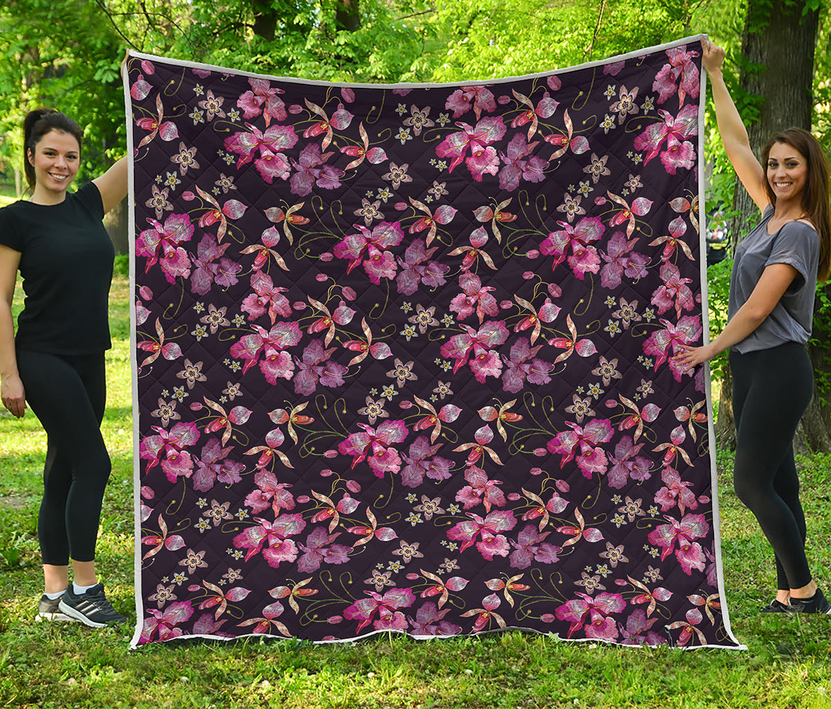 Embroidery Orchid Flower Pattern Print Quilt