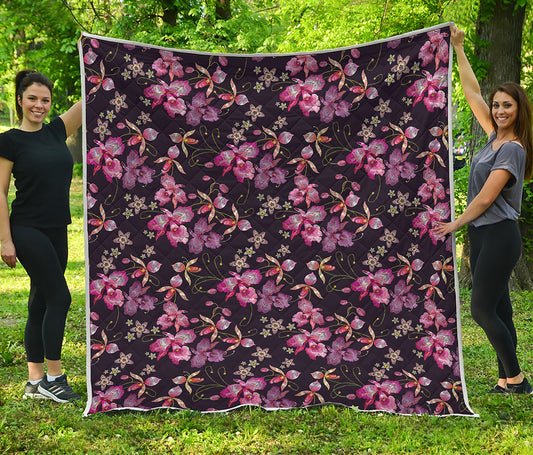Embroidery Orchid Flower Pattern Print Quilt