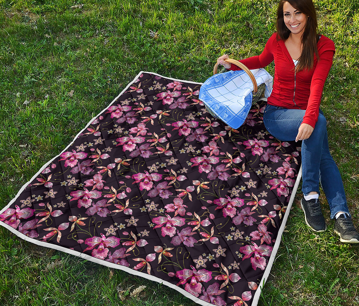 Embroidery Orchid Flower Pattern Print Quilt