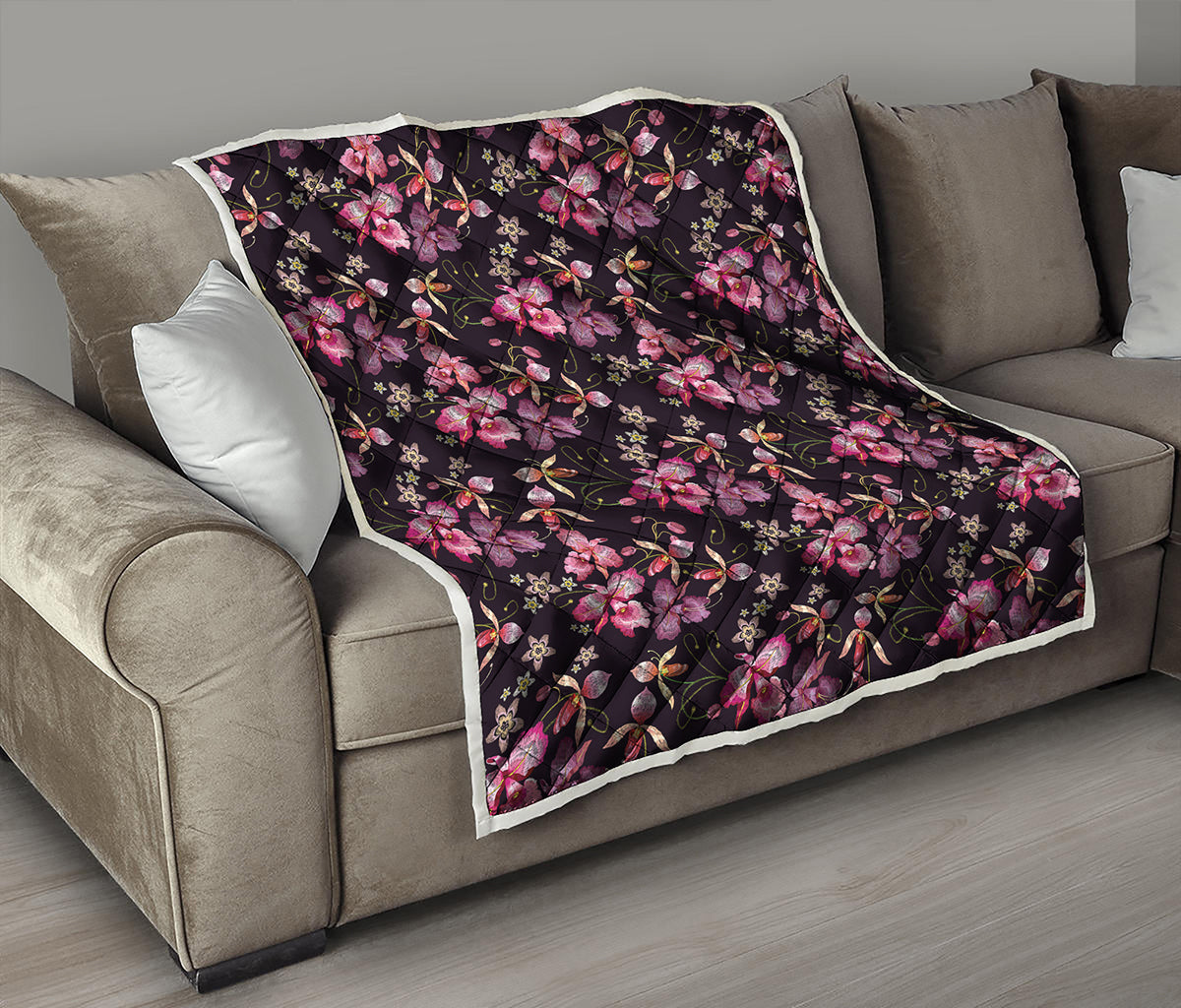 Embroidery Orchid Flower Pattern Print Quilt