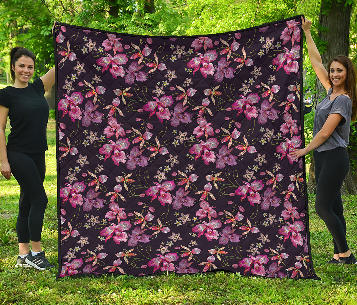 Embroidery Orchid Flower Pattern Print Quilt
