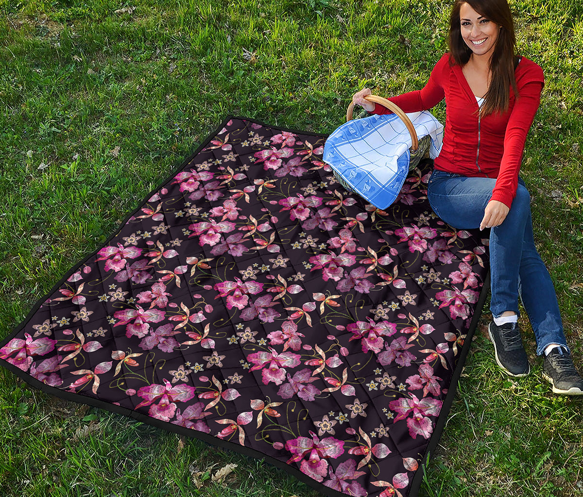 Embroidery Orchid Flower Pattern Print Quilt