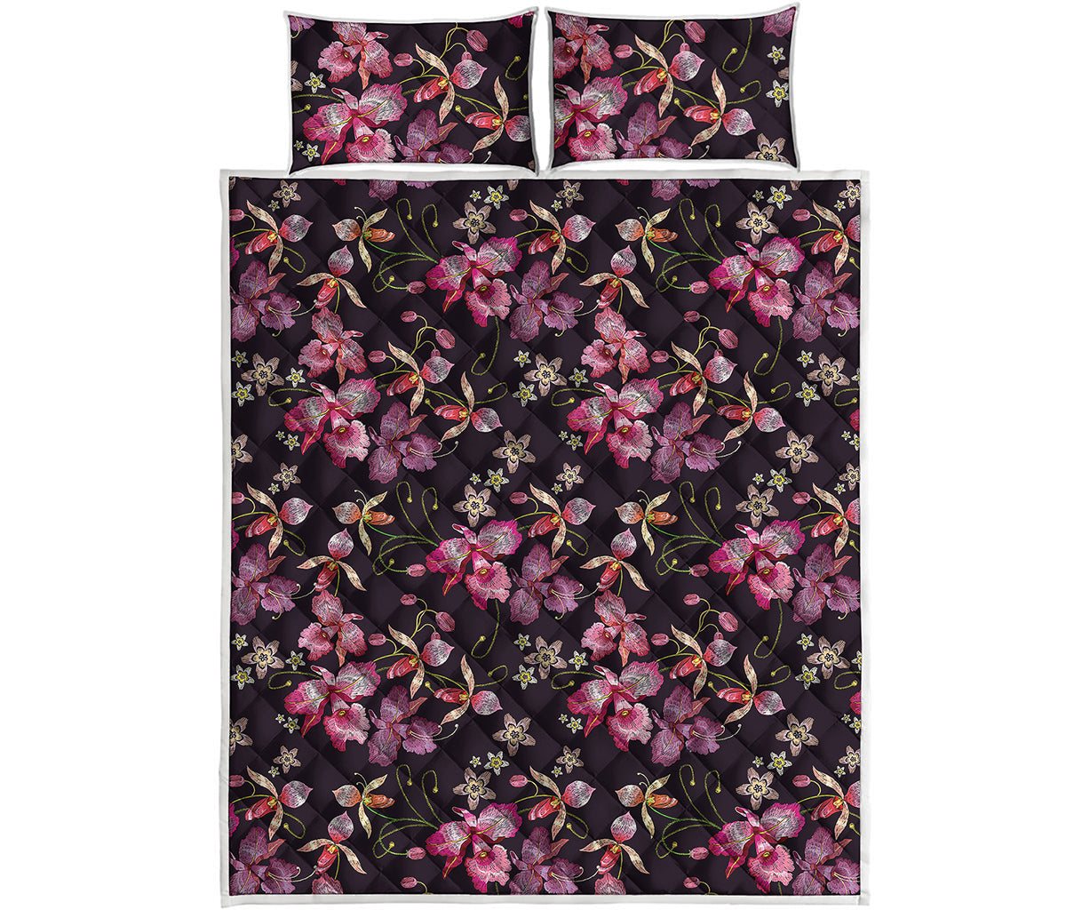 Embroidery Orchid Flower Pattern Print Quilt Bed Set