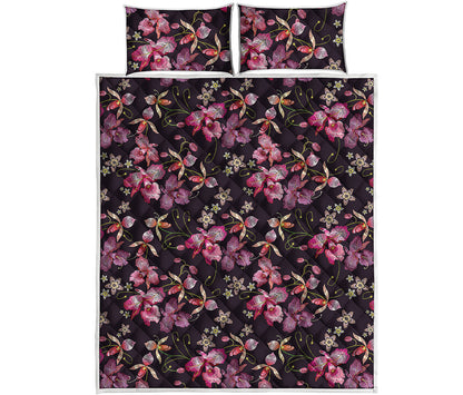 Embroidery Orchid Flower Pattern Print Quilt Bed Set
