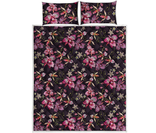 Embroidery Orchid Flower Pattern Print Quilt Bed Set