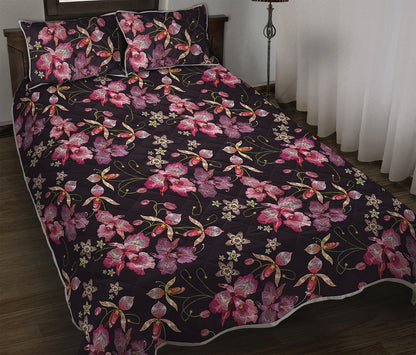 Embroidery Orchid Flower Pattern Print Quilt Bed Set