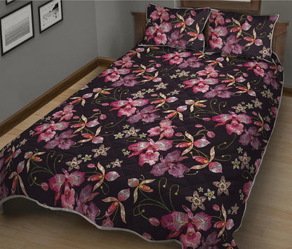Embroidery Orchid Flower Pattern Print Quilt Bed Set