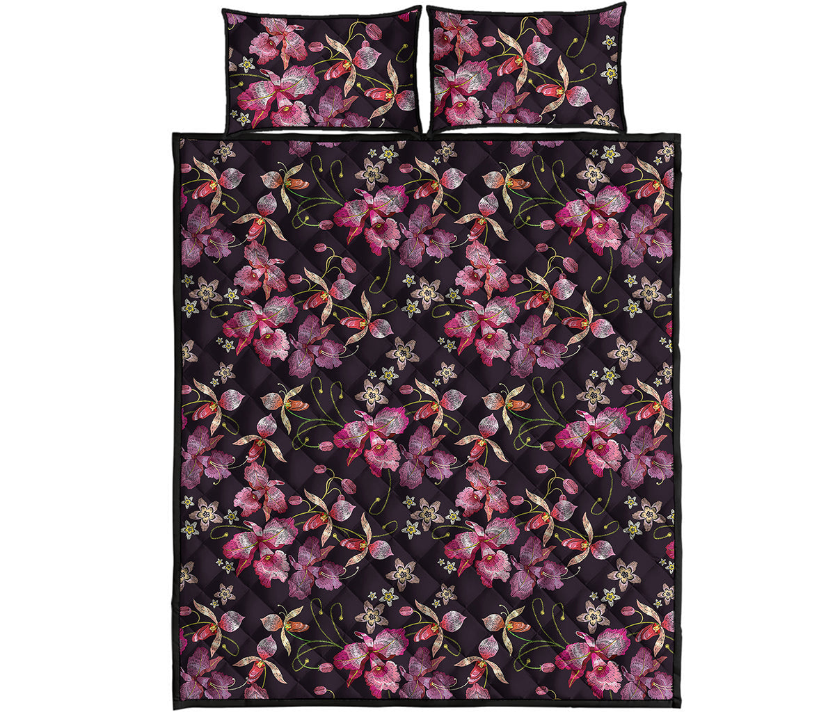 Embroidery Orchid Flower Pattern Print Quilt Bed Set