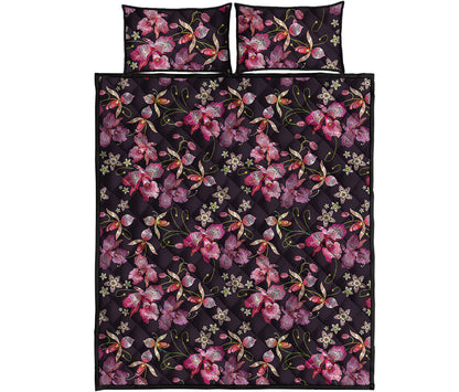 Embroidery Orchid Flower Pattern Print Quilt Bed Set