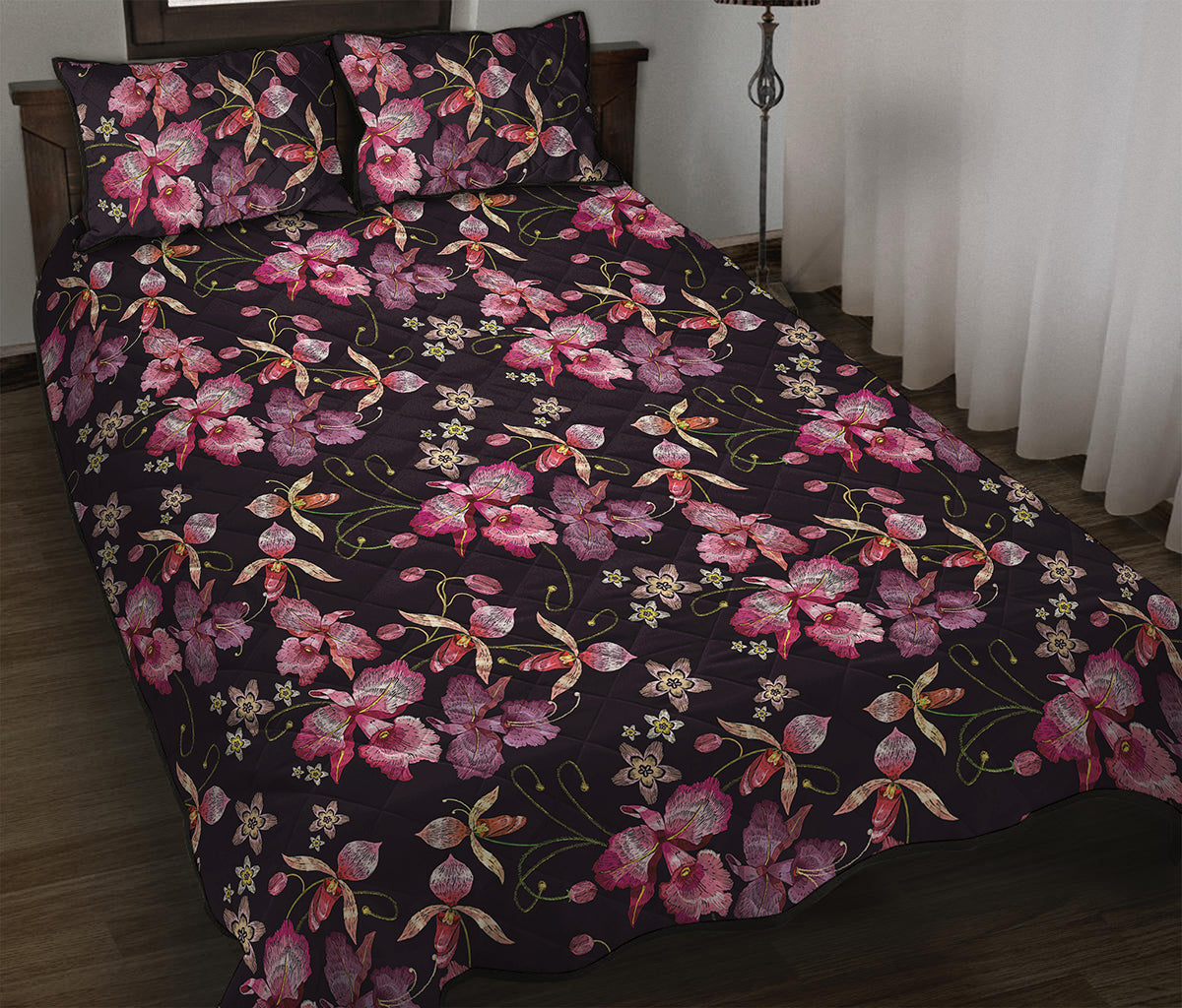 Embroidery Orchid Flower Pattern Print Quilt Bed Set