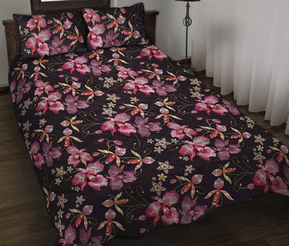Embroidery Orchid Flower Pattern Print Quilt Bed Set