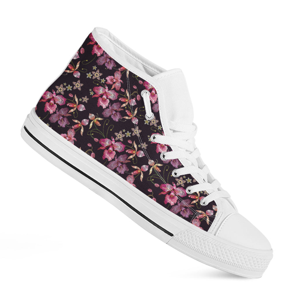 Embroidery Orchid Flower Pattern Print White High Top Shoes