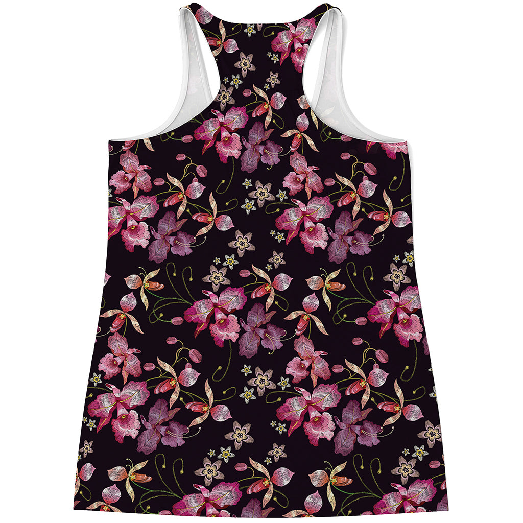 Embroidery Orchid Flower Pattern Print Women's Racerback Tank Top