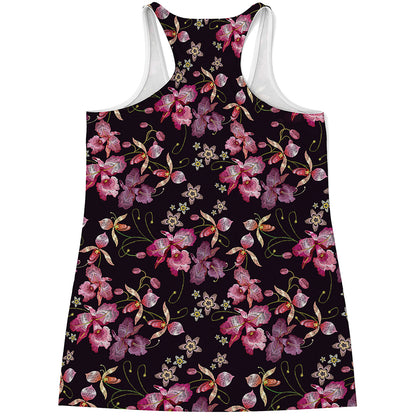 Embroidery Orchid Flower Pattern Print Women's Racerback Tank Top