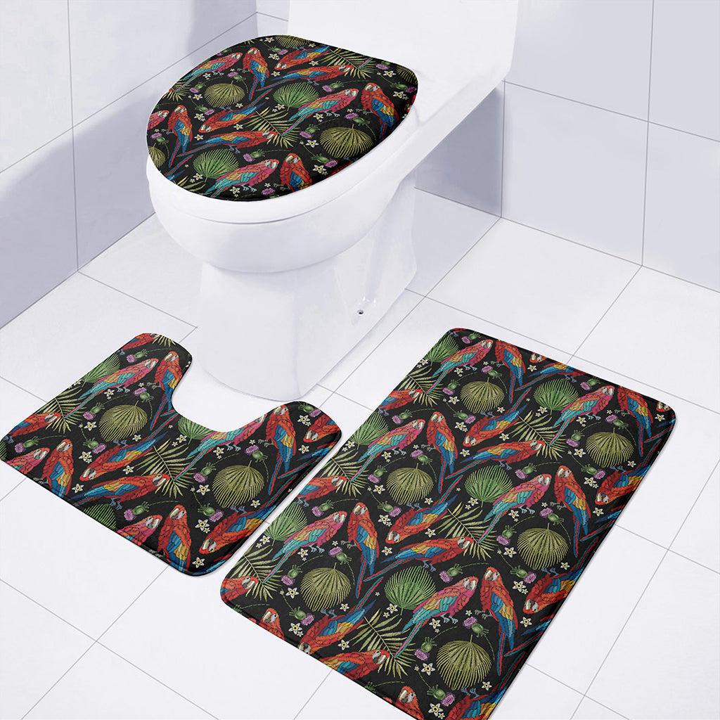 Embroidery Parrot Pattern Print 3 Piece Bath Mat Set