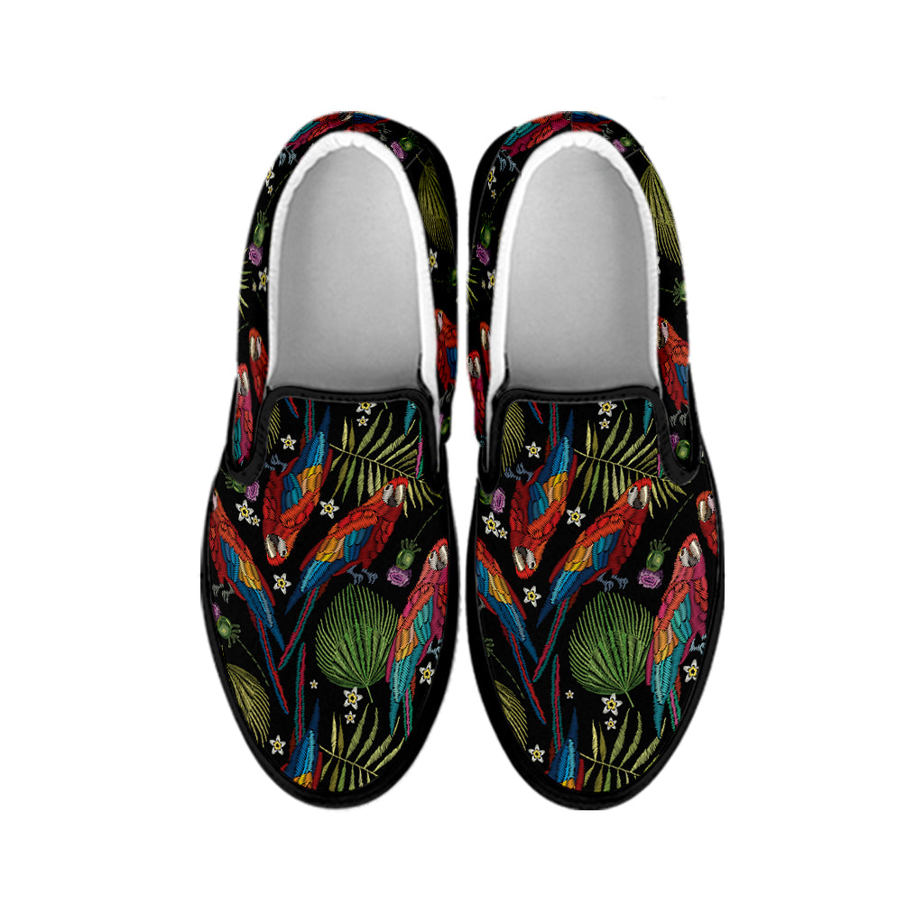 Embroidery Parrot Pattern Print Black Slip On Shoes