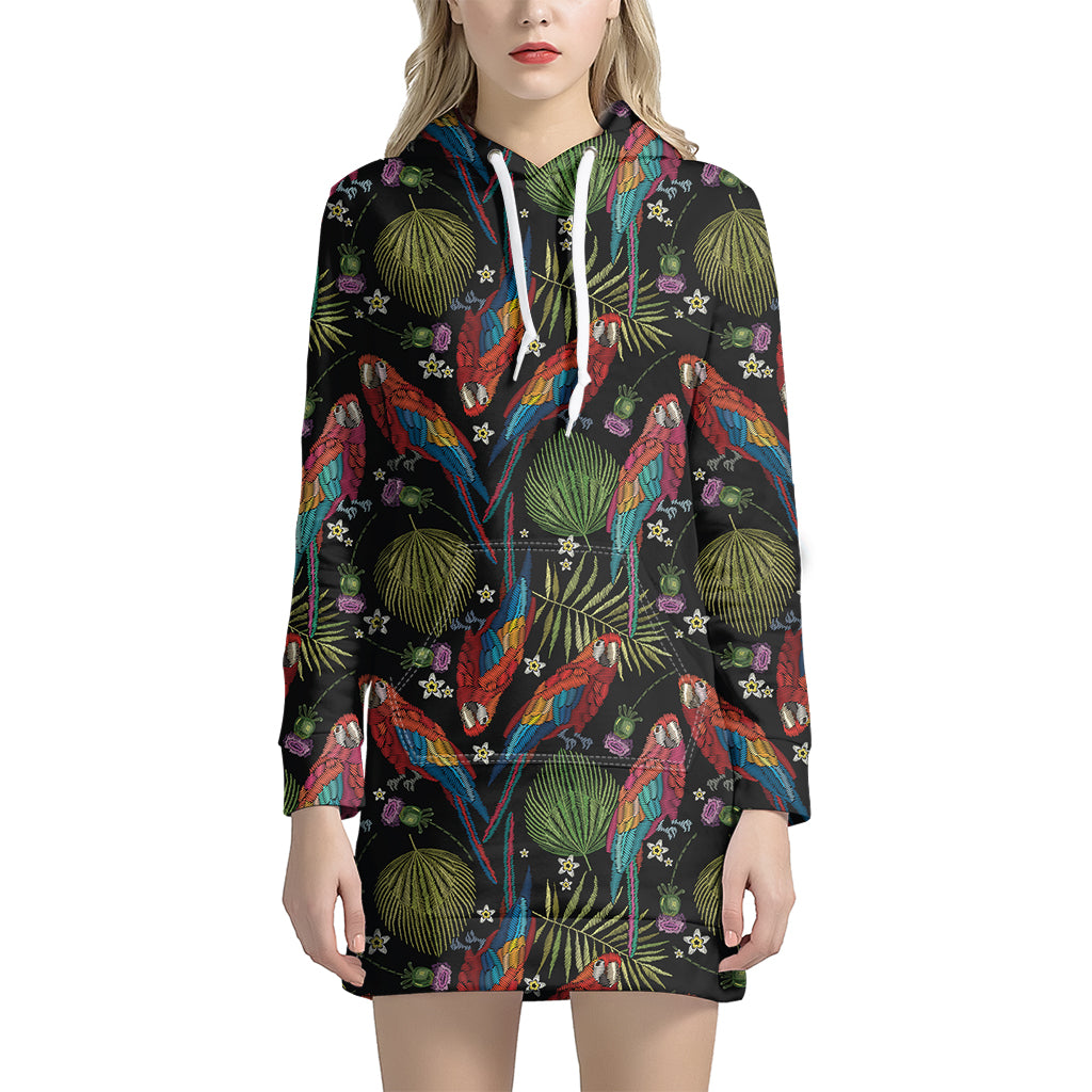 Embroidery Parrot Pattern Print Hoodie Dress