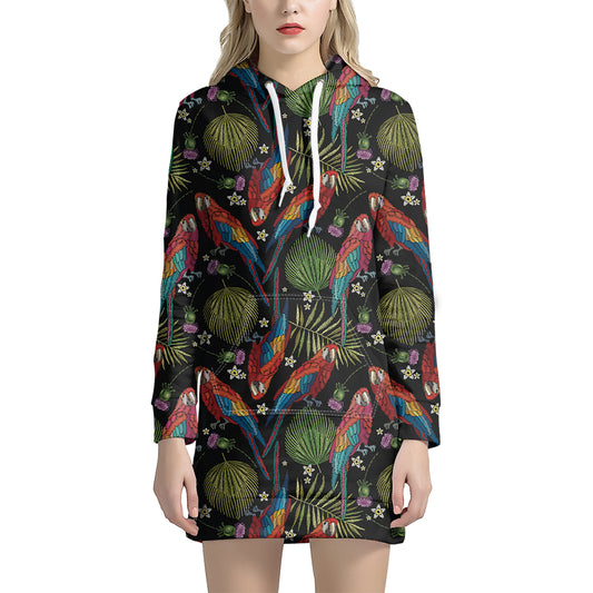 Embroidery Parrot Pattern Print Hoodie Dress