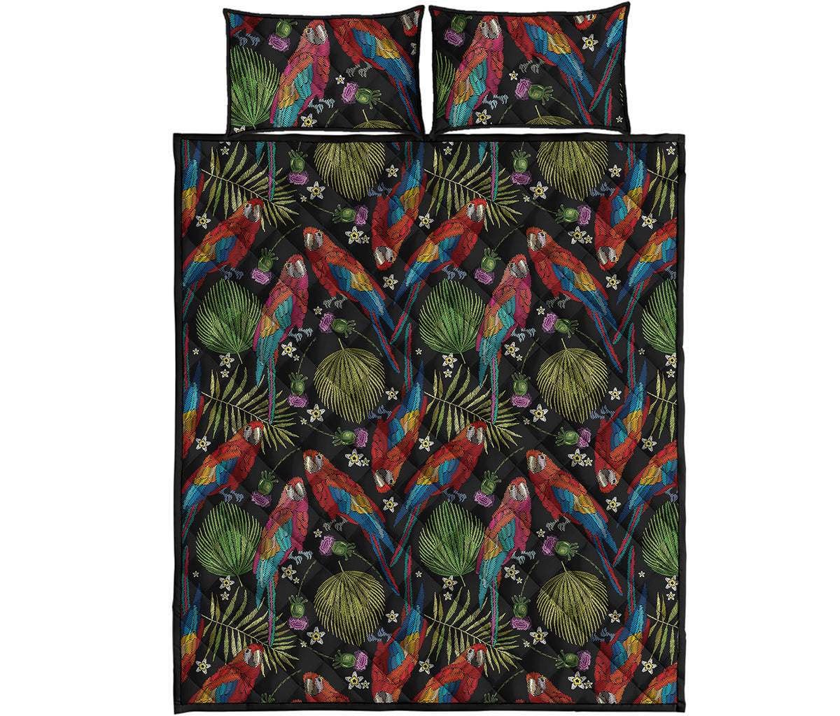 Embroidery Parrot Pattern Print Quilt Bed Set