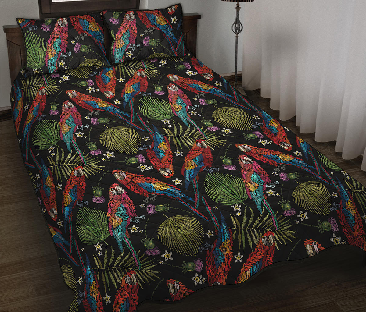 Embroidery Parrot Pattern Print Quilt Bed Set