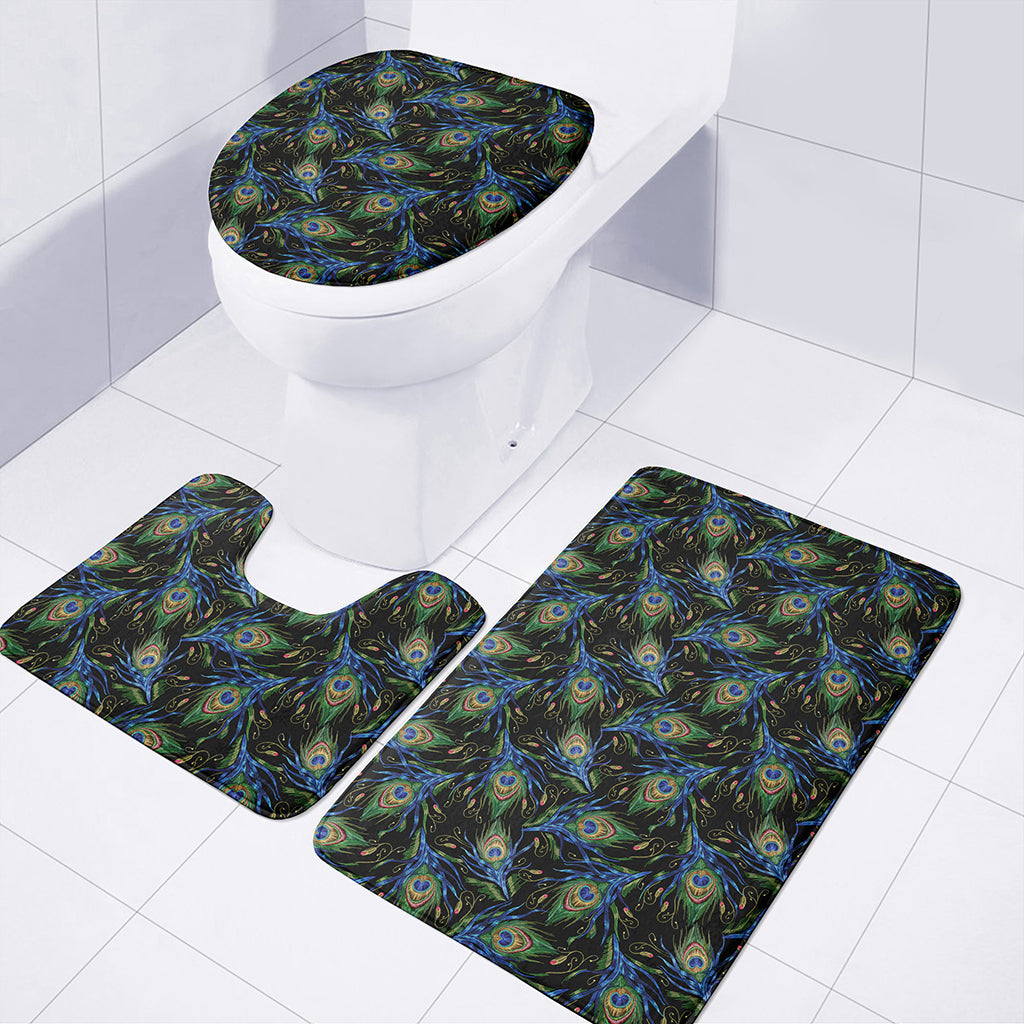 Embroidery Peacock Feather Print 3 Piece Bath Mat Set