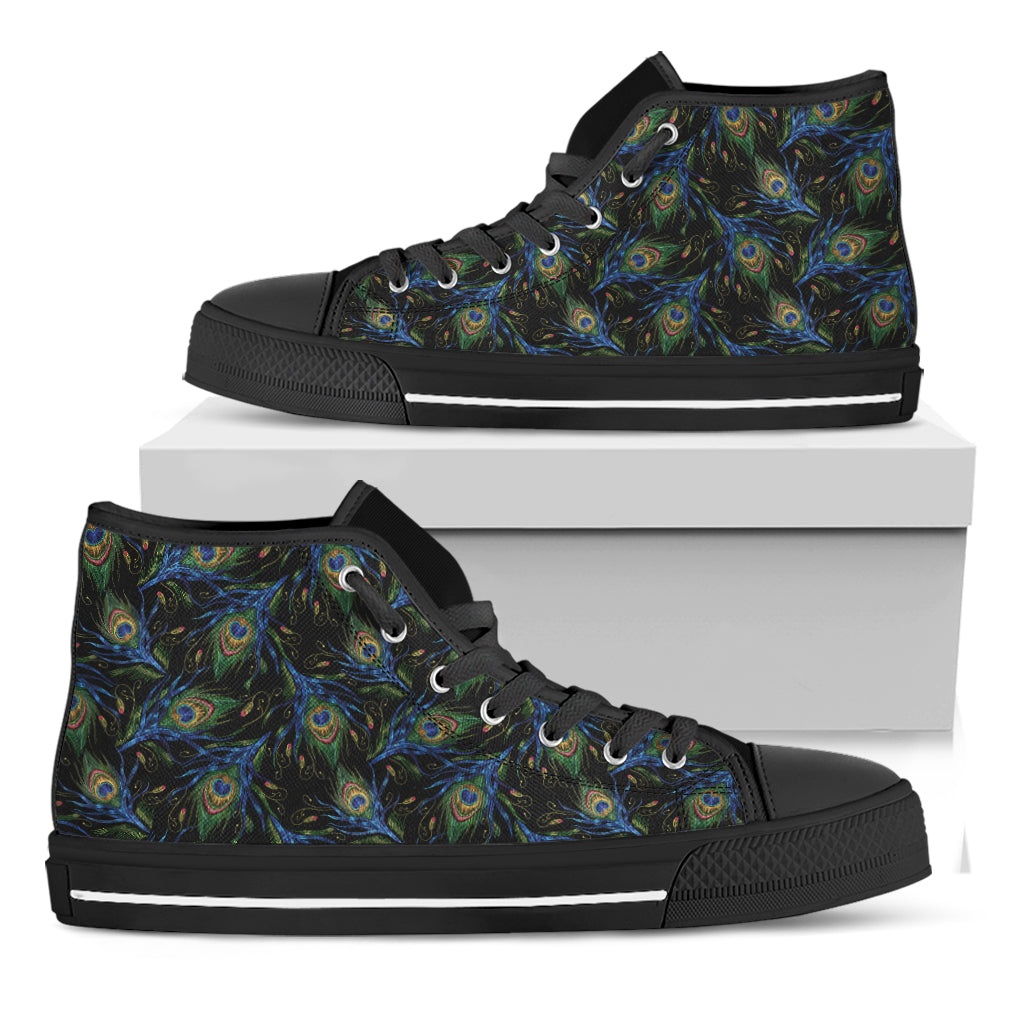 Embroidery Peacock Feather Print Black High Top Shoes